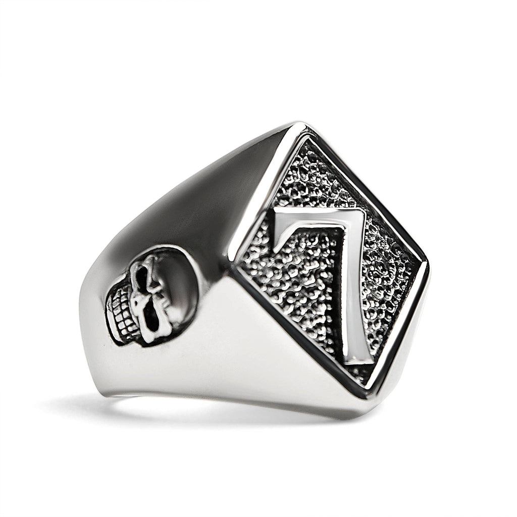 Anillo de sello Lucky «7" de acero inoxidable con detalles en forma de calavera: 9