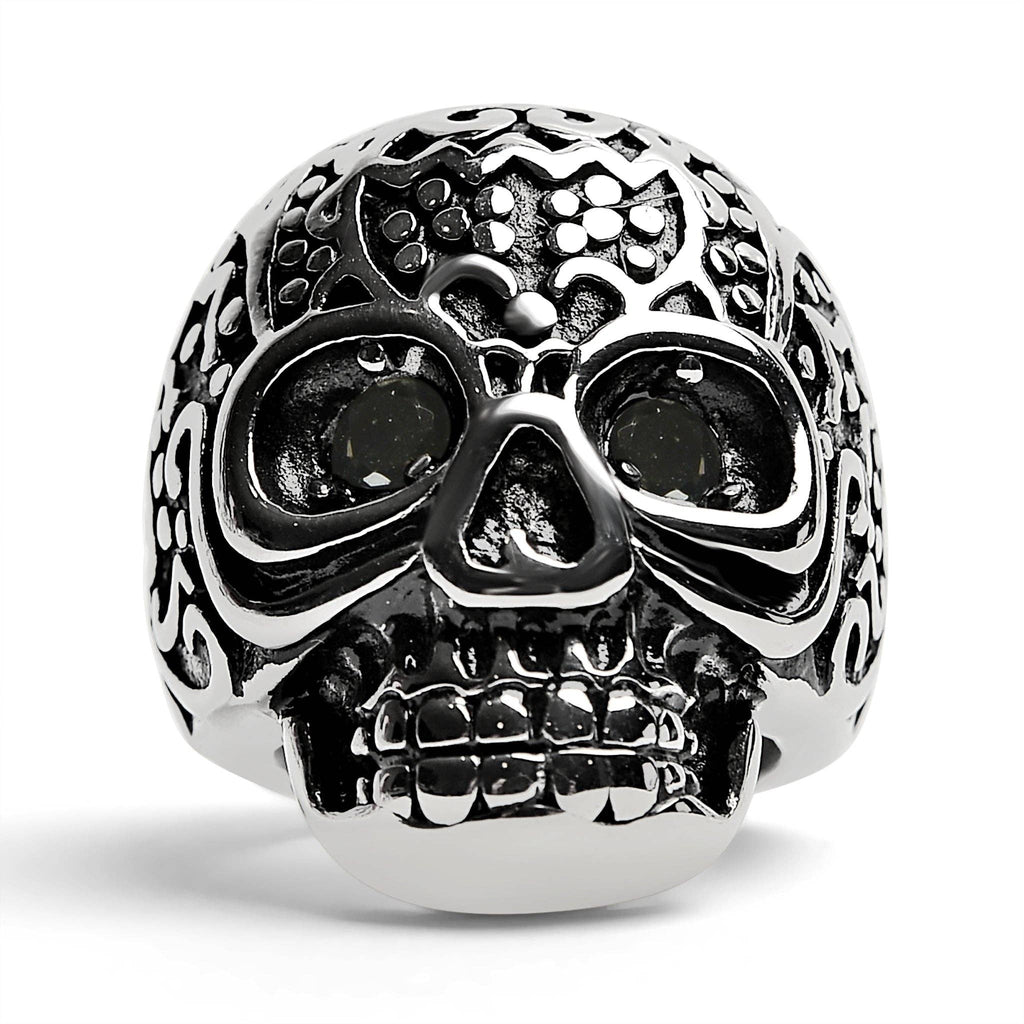 Anillo grande detallado de acero inoxidable con circonitas cúbicas negras: 8