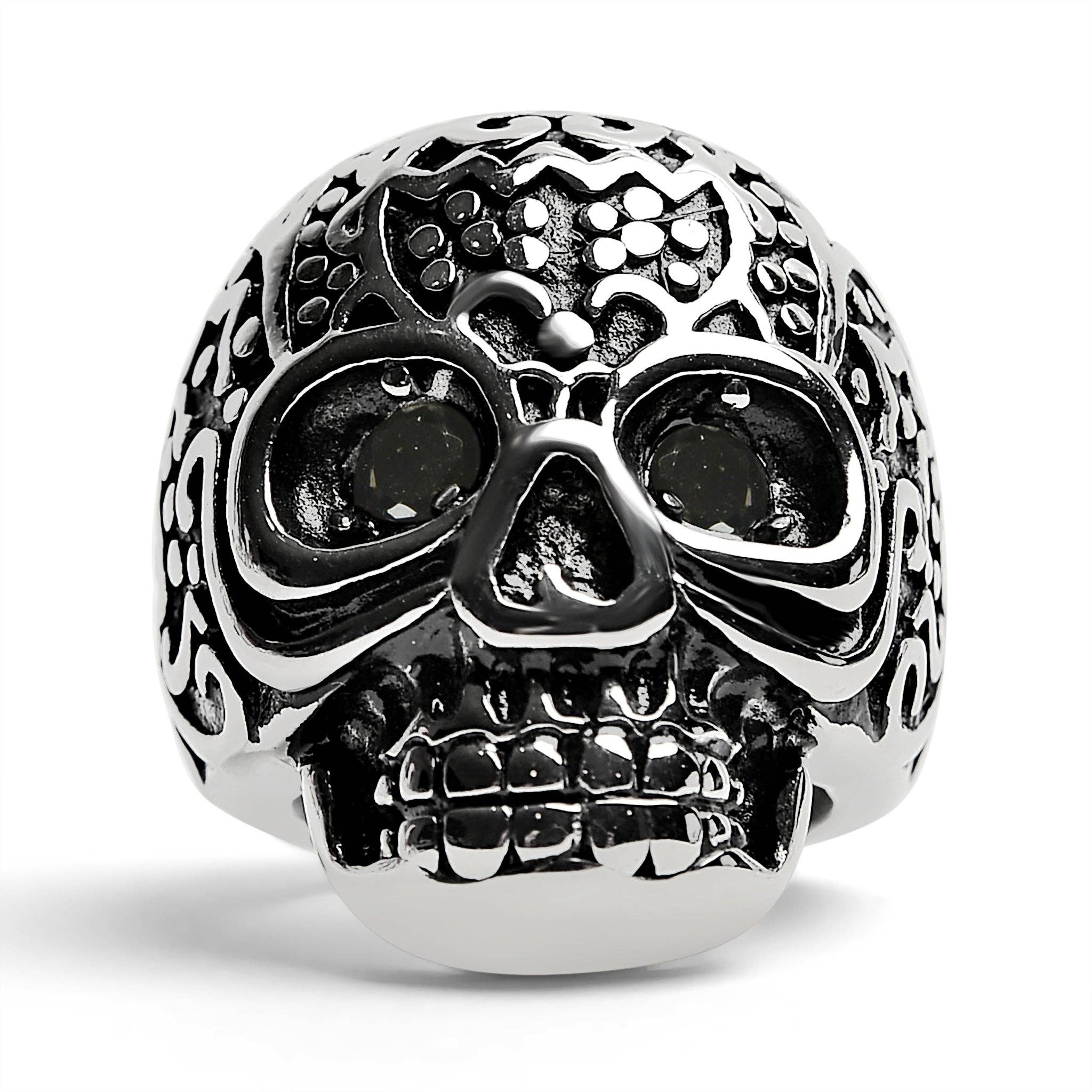 Anillo grande detallado de acero inoxidable con circonitas cúbicas negras: 8