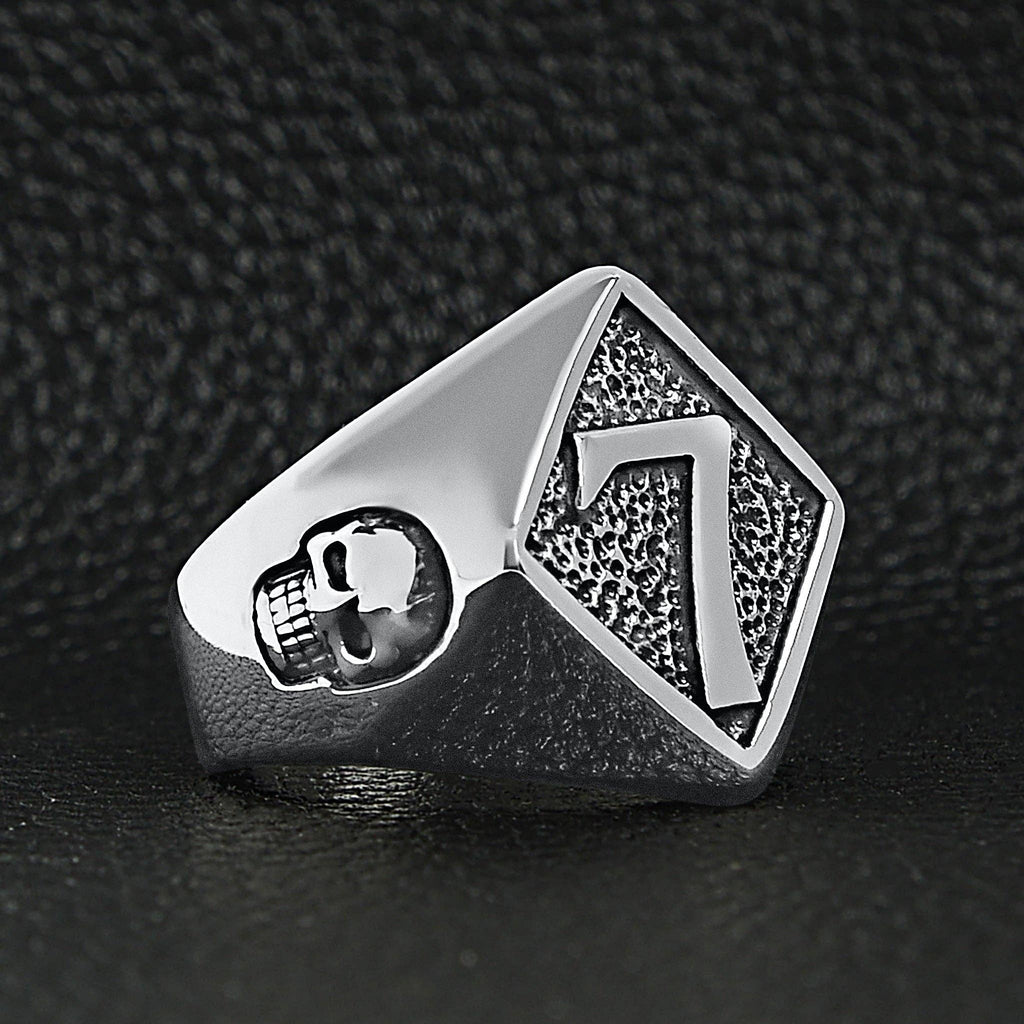 Anillo de sello Lucky «7" de acero inoxidable con detalles en forma de calavera: 9
