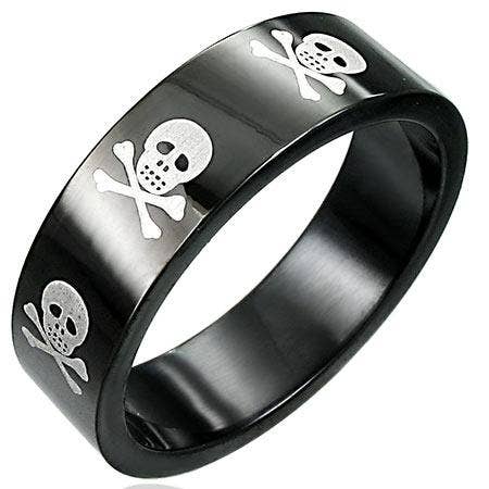 Anillo de acero inoxidable negro con calaveras blancas: 10 / 8mm